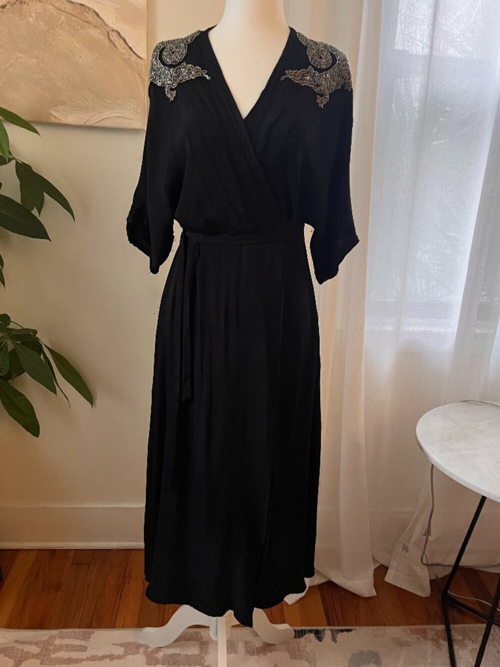 Topshop Black Beaded Dragon Wrap Midi Dress Open Back | Size 2